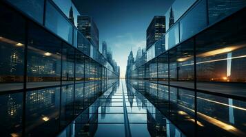 hoch Stahl Wolkenkratzer spiegelt modern Stadt Leben foto