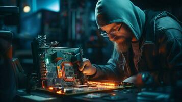 Techniker reparieren Computer Ausrüstung Löten Halbleiter foto
