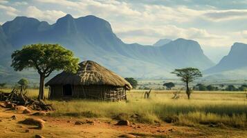 mit Stroh gedeckt Hütte inmitten bergig afrikanisch Landschaft foto