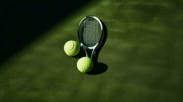 Tennis Ball Schläger und Schatten auf Grün Gras foto