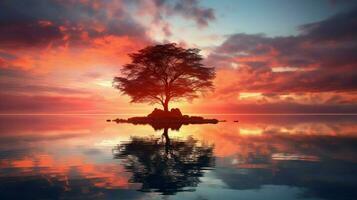 still Szene Baum spiegelt Schönheit im Natur Wasser foto