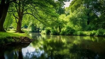 still Sommer- Teich spiegelt üppig Grün Landschaft Schönheit foto