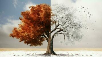 Baum mit zwei Jahreszeiten verglichen Szene foto