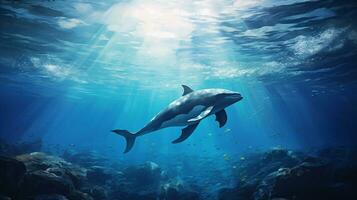 unter Wasser Abenteuer Blau Seelandschaft einer Delfin Silhouette foto