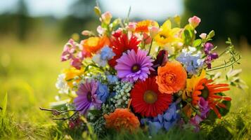 beschwingt Strauß von multi farbig Blumen bringt Schönheit foto