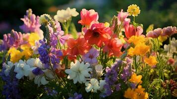 beschwingt Strauß von multi farbig Blumen im formal Garten foto