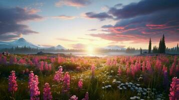 beschwingt Wildblume Wiese im nicht städtisch Landschaft beim Dämmerung foto