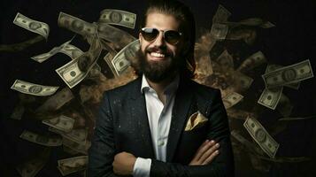 Gut gekleidet Geschäftsmann halten Währung mit Vertrauen foto