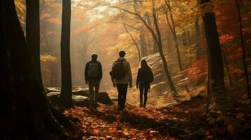 jung Erwachsene Wandern im heiter Herbst Wald foto