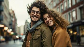 jung Paar lächelnd Umarmen genießen Stadt Leben foto