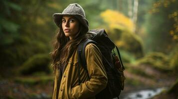 jung Frau Wandern im das Wald genießen das Schönheit foto