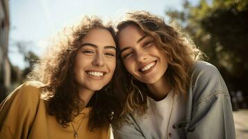 jung Frauen lächelnd suchen beim Kamera draußen im beiläufig foto