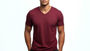 abgeschnitten Bild von Sportler im rot T-Shirt auf Weiß Hintergrund, männlich Modell- tragen ein dunkel kastanienbraun Farbe vneck T-Shirt auf ein Weiß Hintergrund, Vorderseite Aussicht und zurück Sicht, oben Sektion abgeschnitten, ai generiert foto