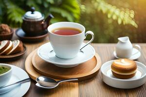 Tee und Kaffee auf ein hölzern Tisch. KI-generiert foto