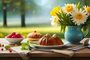 Ostern Frühstück mit Blumen und Kuchen. KI-generiert foto