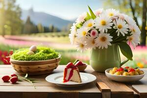 ein Tabelle mit ein Kuchen, Blumen und ein Teller von Frucht. KI-generiert foto