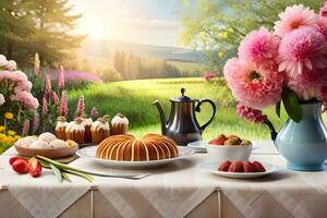 ein Tabelle mit Kuchen, Blumen und Obst auf Es. KI-generiert foto