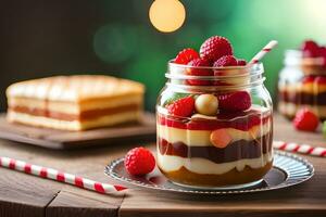 Himbeere Käsekuchen im ein Krug mit Himbeeren und Erdbeeren auf ein hölzern Tisch. KI-generiert foto