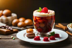 ein Dessert mit Erdbeeren und Schokolade auf ein hölzern Tisch. KI-generiert foto