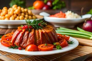 ein Teller von Essen mit Gemüse und Fleisch. KI-generiert foto