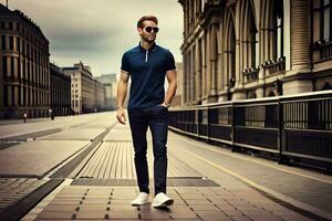 ein Mann im Sonnenbrille und ein Blau Polo Hemd ist Gehen Nieder ein Straße. KI-generiert foto