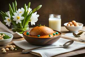 Ostern Ei Suppe mit Narzissen. KI-generiert foto