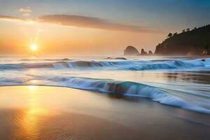 das Sonne setzt Über das Ozean beim Kanone Strand, Oregon. KI-generiert foto