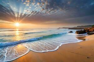 Sonnenuntergang auf das Strand mit Wellen und Sonne Strahlen. KI-generiert foto