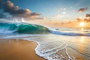 ein Welle brechen auf das Strand beim Sonnenuntergang. KI-generiert foto