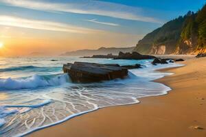 ein schön Strand mit Wellen und Felsen beim Sonnenuntergang. KI-generiert foto