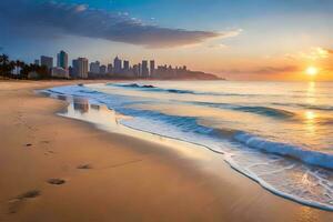 ein Strand mit Fußabdrücke und ein Stadt Horizont beim Sonnenuntergang. KI-generiert foto