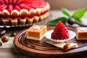 ein Dessert mit ein rot und Weiß Kuchen auf ein hölzern Tisch. KI-generiert foto