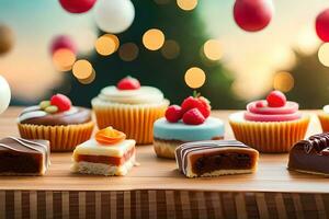 verschiedene Typen von Kuchen und Nachspeisen auf ein hölzern Tisch. KI-generiert foto