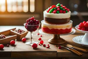 ein Kuchen mit Obst und Beeren auf ein Tisch. KI-generiert foto