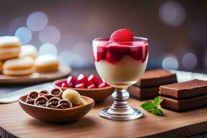 ein Dessert mit Erdbeeren und Schokolade auf ein hölzern Tisch. KI-generiert foto