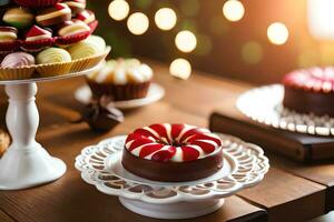 ein Tabelle mit ein Kuchen, Cupcakes und andere Nachspeisen. KI-generiert foto