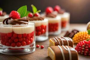 Nachspeisen mit Schokolade und Beeren auf ein hölzern Tisch. KI-generiert foto