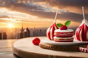 rot Samt Kuchen und rot Samt Cupcakes auf ein hölzern Tabelle mit ein Sonnenuntergang im das Hintergrund. KI-generiert foto