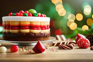 ein Weihnachten Kuchen mit Süßigkeiten und Dekorationen auf ein Tisch. KI-generiert foto