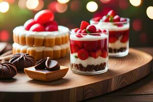 ein Dessert Tabelle mit Erdbeeren, Schokolade und andere Nachspeisen. KI-generiert foto