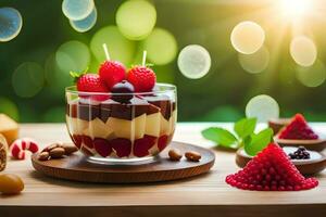 ein Dessert mit Beeren und Nüsse im ein Glas. KI-generiert foto