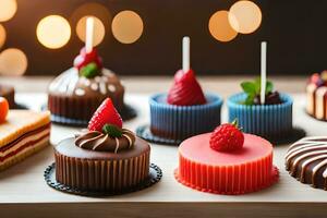 viele anders Typen von Kuchen sind gezeigt auf ein hölzern Tisch. KI-generiert foto