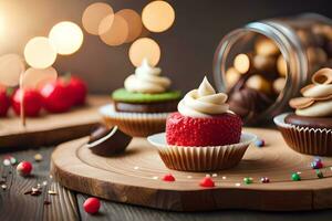 verschiedene Cupcakes auf ein hölzern Tabelle mit Beleuchtung. KI-generiert foto