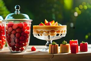 ein Dessert Tabelle mit Obst und Nachspeisen. KI-generiert foto