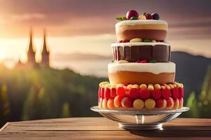 ein Kuchen mit ein Menge von anders Belag auf Es. KI-generiert foto