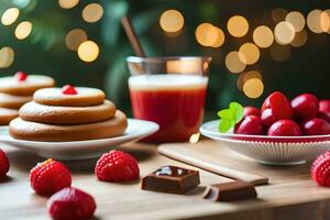 ein Tabelle mit ein Teller von Donuts, Erdbeeren und Schokolade. KI-generiert foto