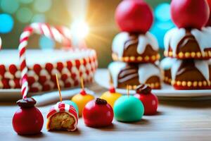 Weihnachten Kuchen mit Süßigkeiten und Süßigkeiten auf ein Tisch. KI-generiert foto