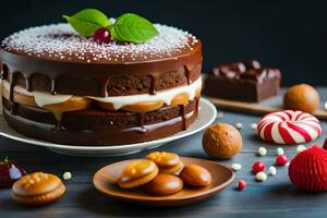 ein Schokolade Kuchen mit Sahne und Schokolade Glasur. KI-generiert foto