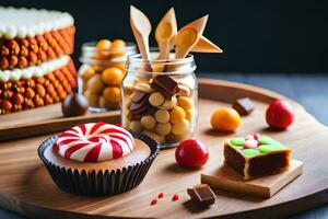 ein Kuchen, Cupcakes und Süßigkeiten auf ein hölzern Tablett. KI-generiert foto