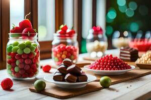 verschiedene Typen von Süßigkeiten und Obst auf ein Tisch. KI-generiert foto